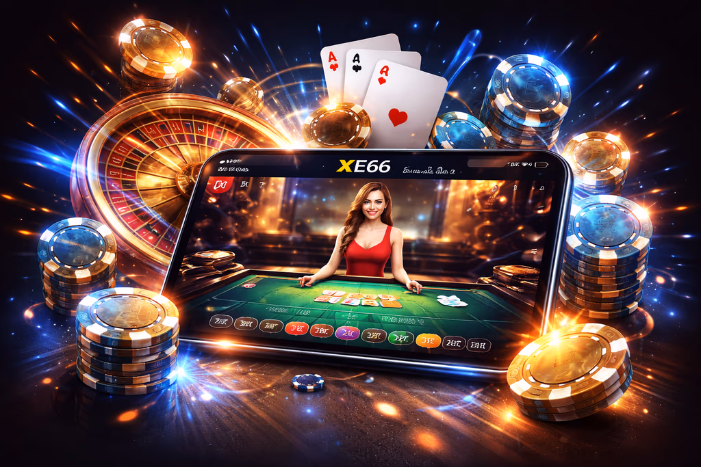 Cheerful Bangladeshi player using the XE66 mobile app with vibrant chips and cards displayed on screen