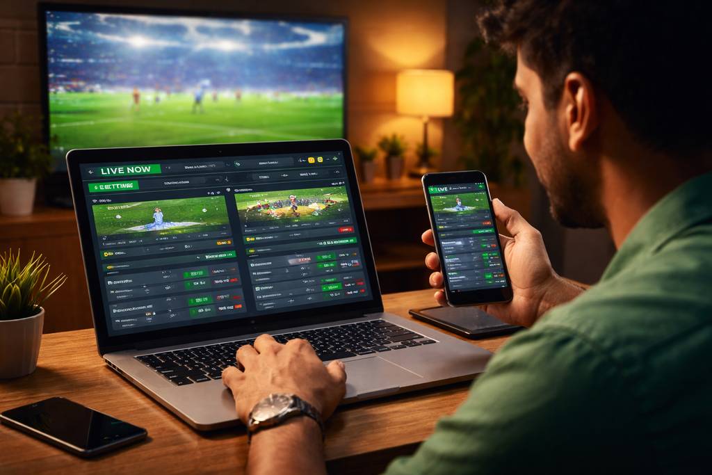 Enthusiastic Bangladeshi punter reviewing cricket wagering markets on a desktop screen through XE66 while a live broadcast plays nearby