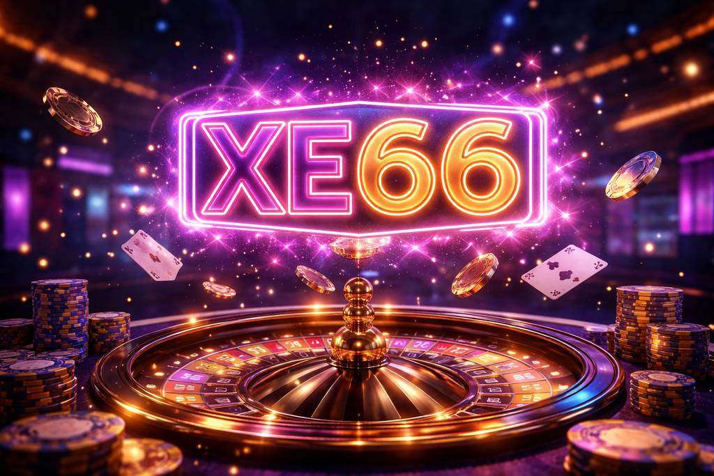 Glowing XE66 neon signage above a virtual roulette wheel with floating chips representing the vibrant Bangladesh casino atmosphere