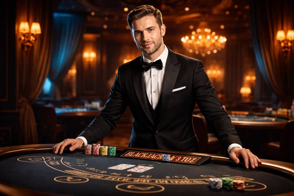 Elegant croupier in professional attire smiling confidently beside a roulette wheel surrounded by sophisticated decor and bright studio lights