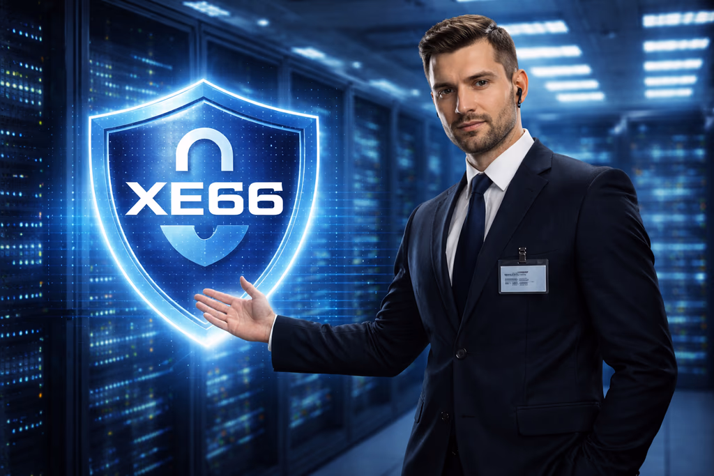 Professional security officer in formal suit gesturing toward a holographic shield displaying the XE66 emblem