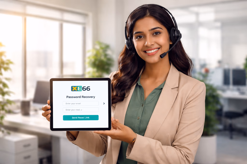 Friendly Bangladeshi support agent smiling while holding a tablet with the XE66 recovery panel visible