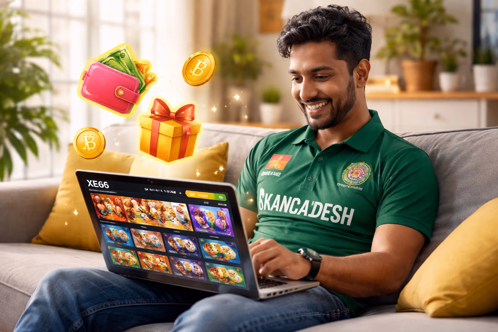 Cheerful Bangladeshi player relaxing at home while exploring a colourful XE66 dashboard on a laptop